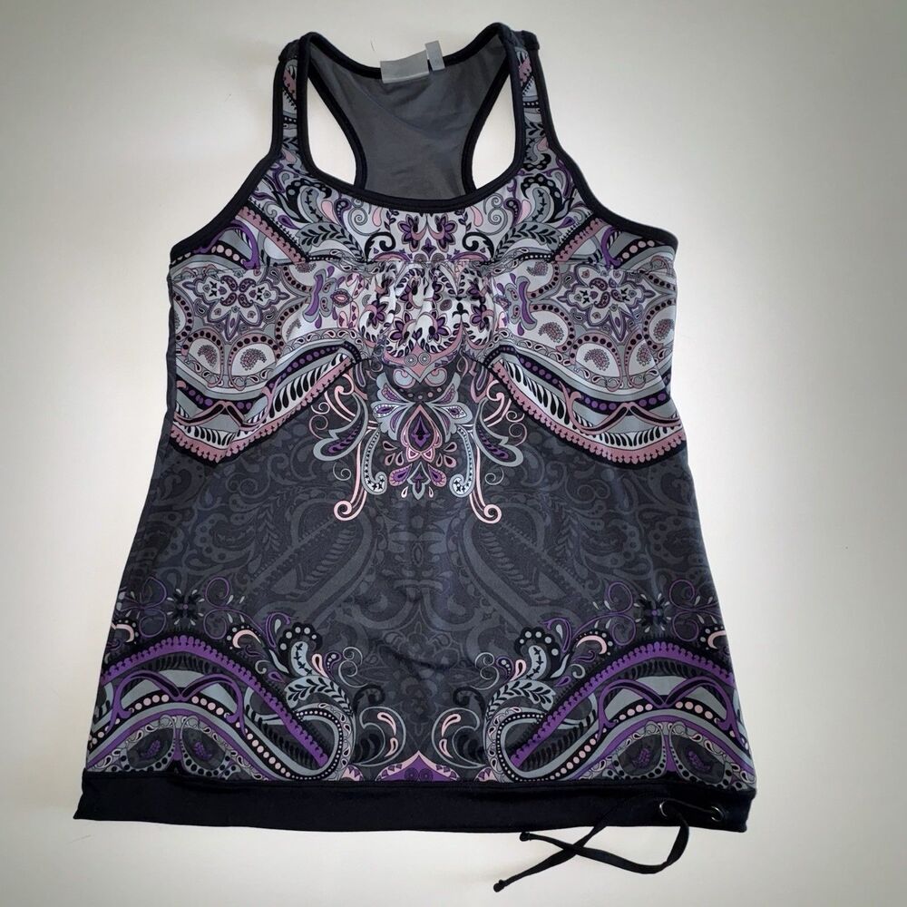Athleta Gray Purple Paisley Racerback Tankini Swim Top Size Medium